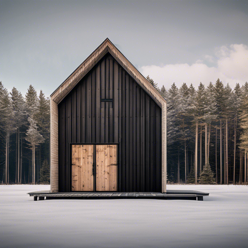 Dark modern barn render — winter scene