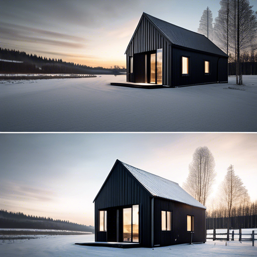 Black metal panel building render — snow landscape